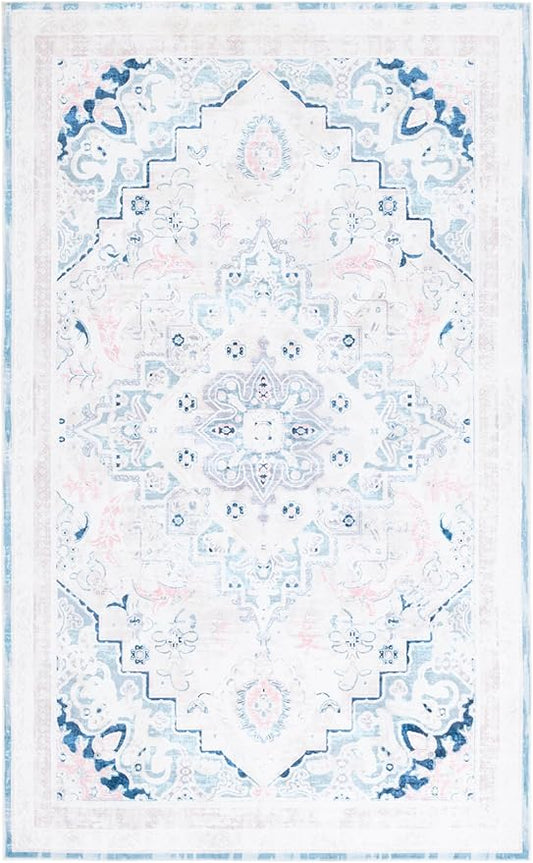 Safavieh Washable Rug Arizona Collection - 8' x 10', Ivory & Aqua, Slip Resistant & Easy to Clean, Ideal for Living Room, Bedroom, Home Office, Dining Space (ARZ324A)