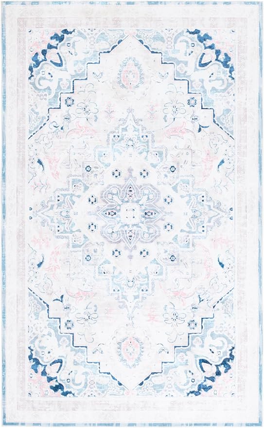 Safavieh Washable Rug Arizona Collection - 4' x 6', Ivory & Aqua, Slip Resistant & Easy to Clean, Ideal for Foyer, Kitchen, Nursery, Office, Bedroom (ARZ324A)