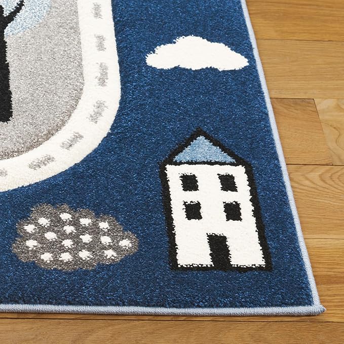 SAFAVIEH Carousel Kids Collection Area Rug - 4' x 6', Grey/Blue, Geometric Design, Ideal for High Traffic Areas in Living Room, Bedroom, Dining (CRK193M)