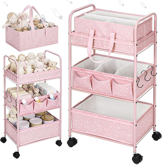 Yookeer 2in1 Baby Diaper Caddy Organizer Cart 3 Tier Large Capacity Metal Utility Bedside Rolling Cart with Divider Newborn Registry Gift Nursery Essential Must Have Bedroom Baby Shower(Pink,Star)