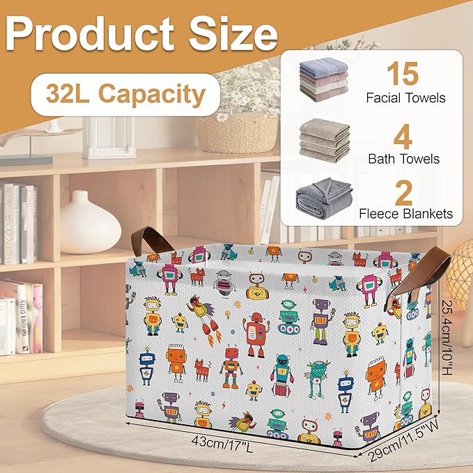 Robot Storage Bin with Handles, Basket Storage Organizer for Shelves, Closet, Nursery, Book, Laundry Hamper & Home Decor