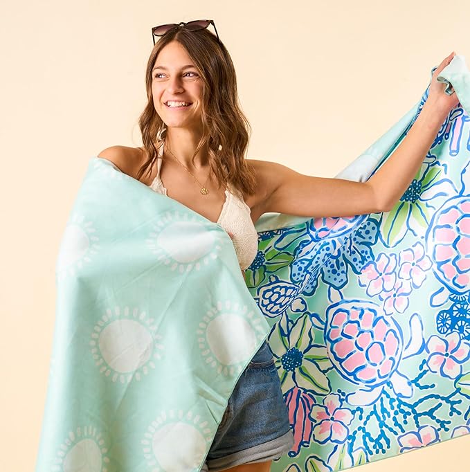 The Darling Effect Beach Towel Set Microfiber Quick Dry Towel Extra Large Sand and Water Resistant Oversized for Pool or Beach Chairs 3 Piece Set with Matching Bag and Stay Put Band