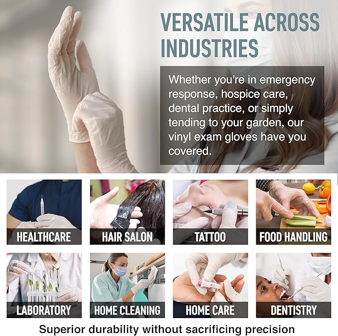 Vinyl Exam Gloves - Disposable & Powder Free Gloves for Hand Protection, Food Safe, Medical Use