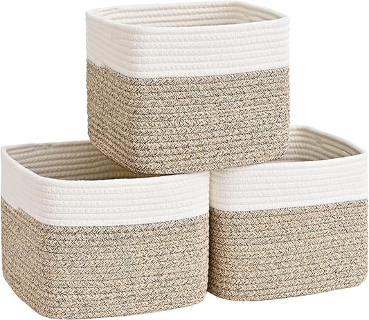 3 Pack Cube Storage Bin, 9”x9”x7” Cotton Rope Woven Baskets for Organizing Toys Clothes Towels, Square Gift Storage Baskets for Shelves, Nursery, Closet, Bathroom, Pantry (White & Jute)