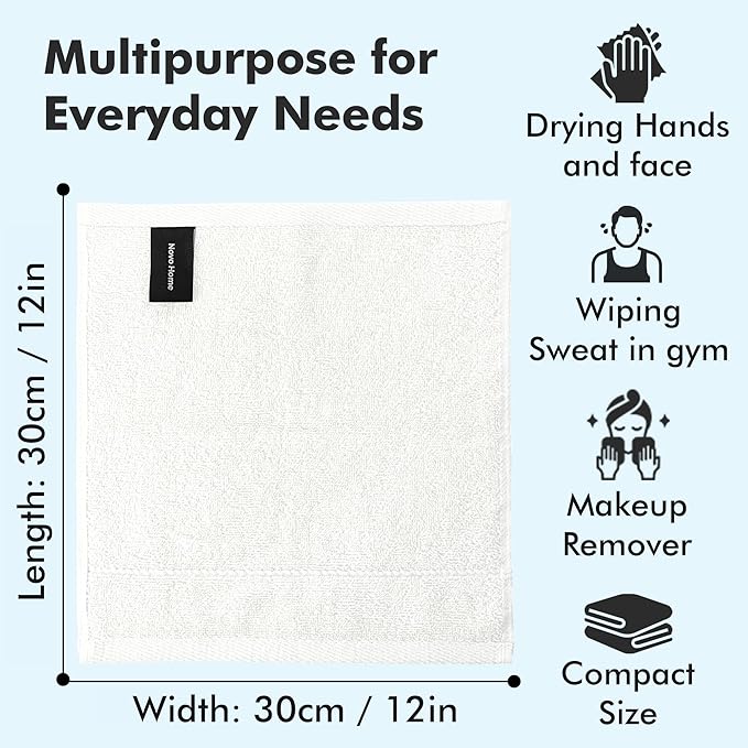 Face Towels Pack of 12 – 100% Cotton Wash Cloths (12x12 inch) – Soft, Quick Dry & Highly Absorbent Hand Towels for Bathroom, Spa, Gym, Kitchen and for Daily Use - (White)