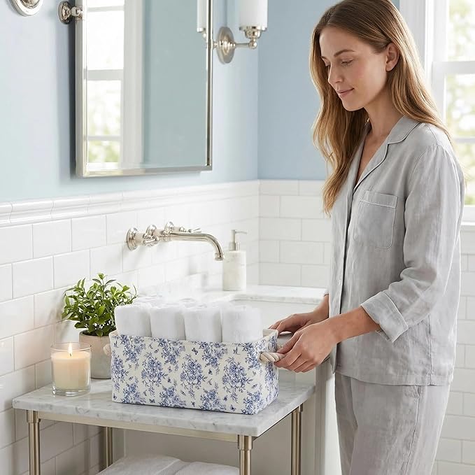 3PC Floral Narrow Storage Bins 15x6x5 inch Blue Flower Small Basket for Closet,Cabinet,Countertop Organizing Small Items Fabric Organizer with Handles, Toilet Paper Storage (Blue flower)