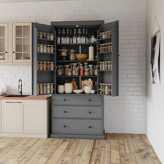 Merax 77" Tall Kitchen Storage Cabinet Pantry Wood Freestanding Large Cupboard with 3 Drawers,3 Adjustable Shelves,8 Door-Shelf for Dining Room,Grey