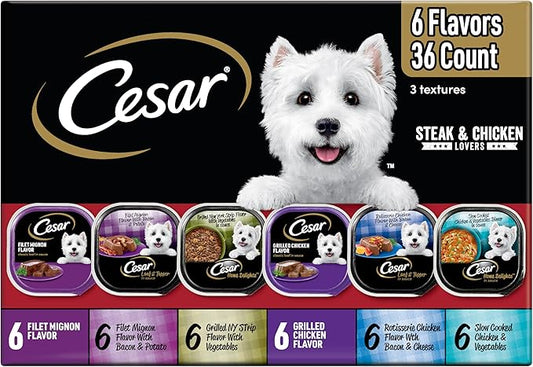 Cesar Wet Dog Food Steak and Chicken Lovers Variety Pack with Real Beef or Real Chicken, 3.5 oz. Easy Peel Trays, 36 Count