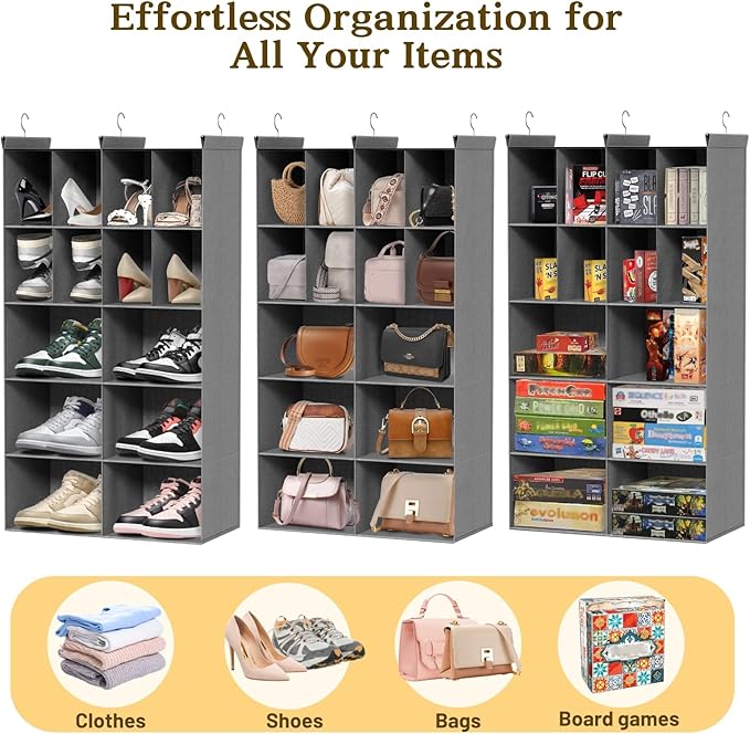 Ofiray-home 5 Tier Hanging Closet Organizer, 14 Compartments Sweater Organizer for Closet with 3 Sturdy Hooks, Closet Organizers and Storage, Wardrobe, Rv, Garment Rack, Grey