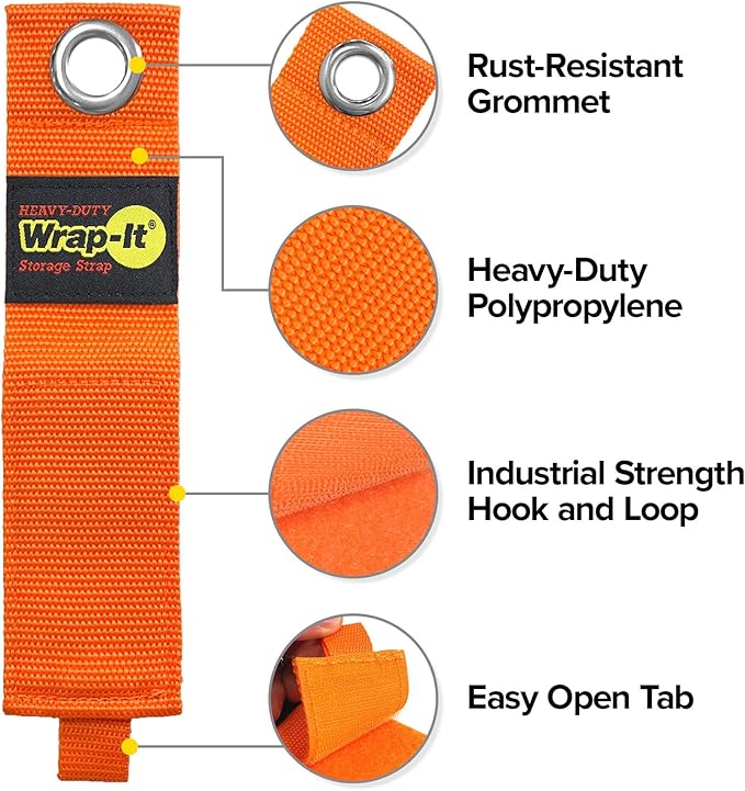 Heavy-Duty Wrap-It Storage Straps - 17-inch (6-Pack) Blaze Orange - Garage Organizer and Extension Cord Hanger for Garage Storage Ideas as an Electric Cord Holder with Garage Gadgets