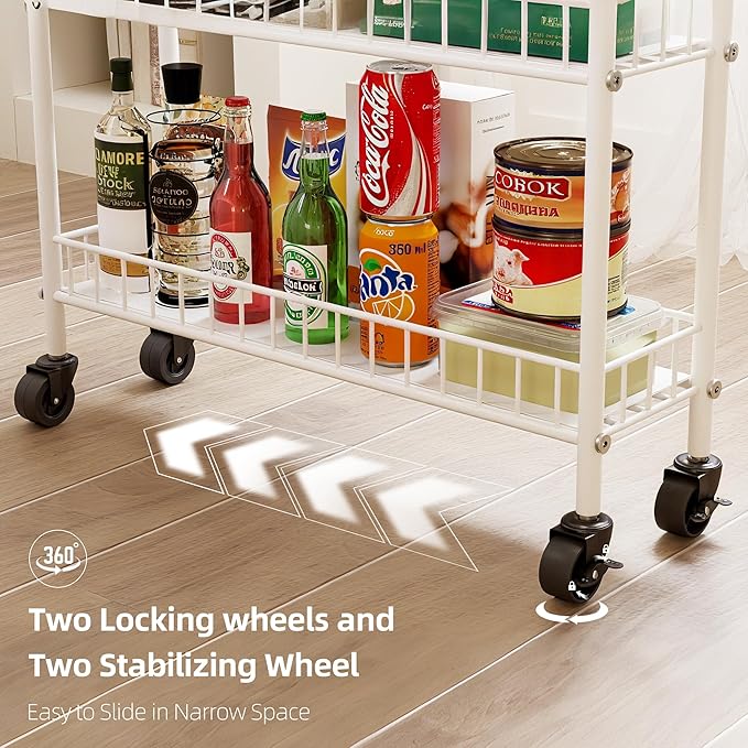 6-Tier Slim Storage Cart, Rolling Kitchen Cart with Wheels, Narrow Metal Shelf Organizer with Hooks for Kitchen, Bathroom, Living Room, Laundry, Small Spaces (White, 6 in)