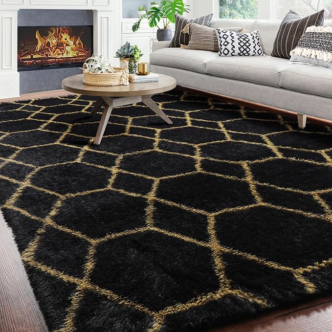 ONASAR 6x9 Area Rugs for Living Room Bedroom, Large Fluffy Black and Gold Throw Rug, Geometric Soft Plush Shaggy Fuzzy Floor Carpet for Nursery Kids Girls Boys Teen Dorm Home Office Decor
