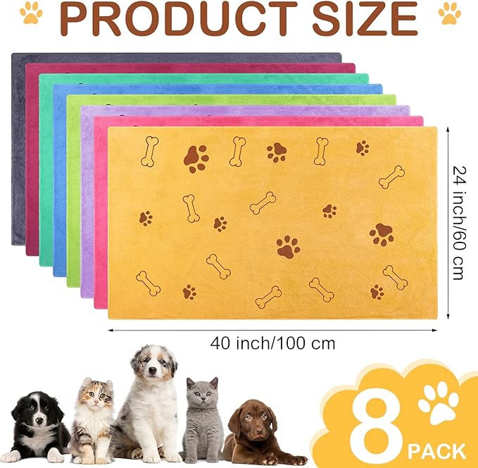8 Pcs Dog Towels for Drying Dogs Cats Pet Towels Bulk Puppy Microfiber Quick Drying Paw Bath Bathing Supplies Absorbent for Medium Pets(Colorful,40 x 24 Inch)