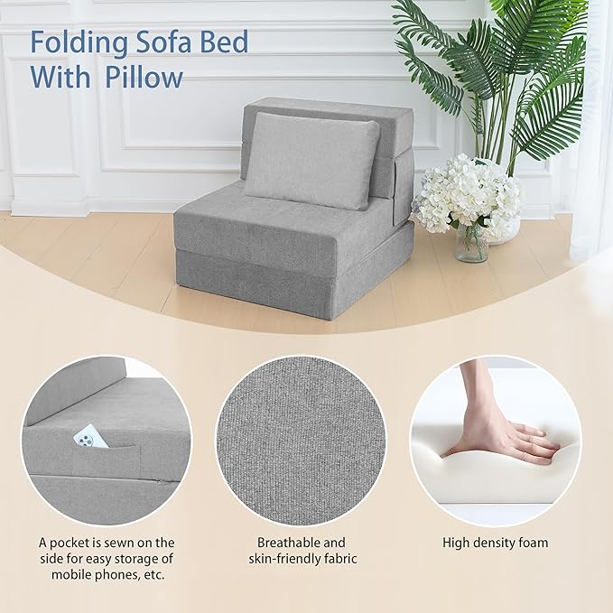 Sofa Bed Foldable Mattress ，Folding Sleeper Sofa Chair Bed Floor Mattress with Pillow for Living Room Home Office (Light Gray, Single)