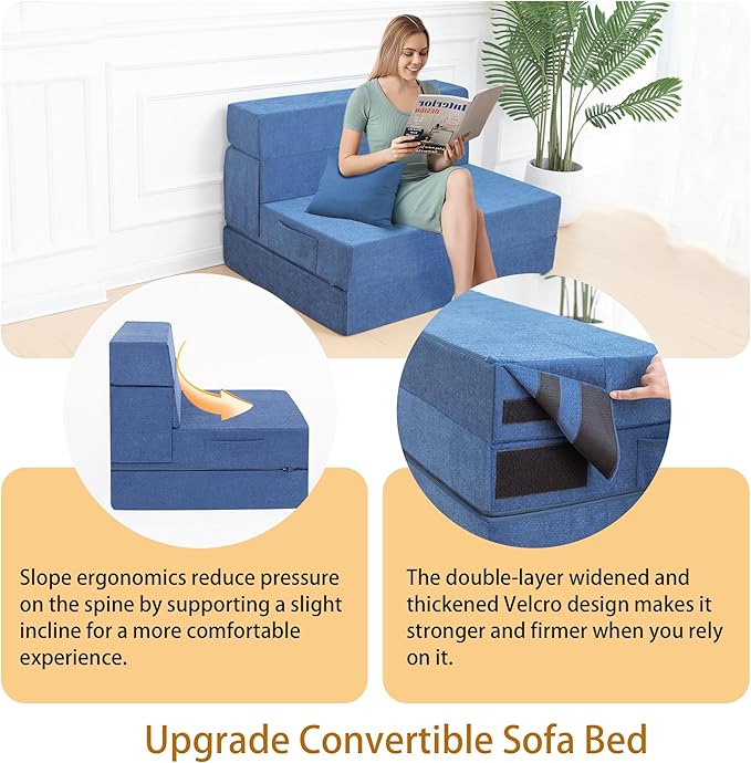 Folding Sofa Bed Chair with Pillow,Convertible Fold Out Chair Bed Sleeper,Foam Floor Mattress, Foldable Futon Couch Bed for Living Room/Dorm/Guest/Office (Blue, Twin)