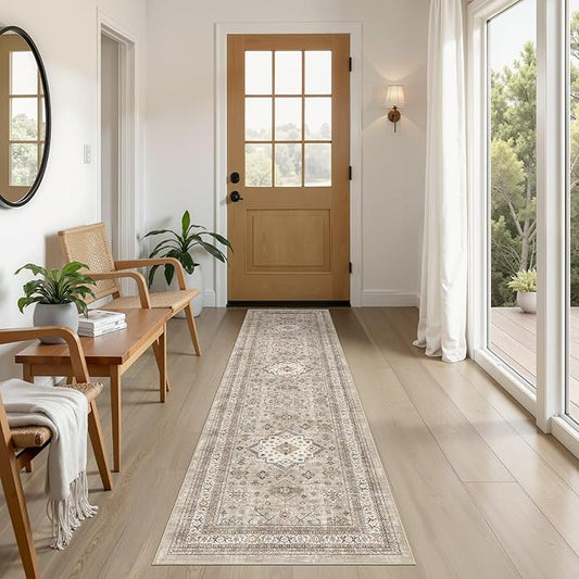 Vintage Hallway Runner Rug 2x6: Large Soft Washable Entryway for Kitchen Laundry Room Non-Slip Backing Runner for Entrance Living Room Bedroom Bathroom - Beige