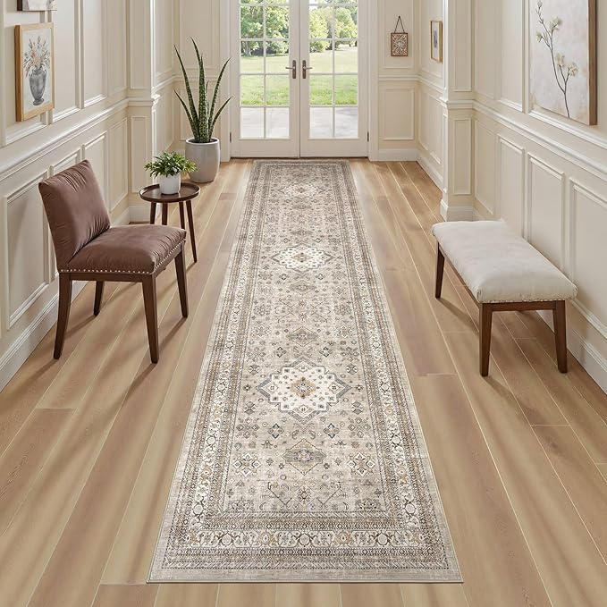 Vintage Hallway Runner Rug 2x6: Large Soft Washable Entryway for Kitchen Laundry Room Non-Slip Backing Runner for Entrance Living Room Bedroom Bathroom - Beige