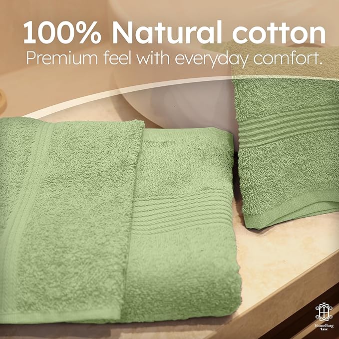 Luxe Set – Washcloths (30 x 30cm), Hand Towels (40 x 70cm) & Bath Towels (65 x 137 cm) – 100% Cotton, Soft, Absorbent, Easy Care, Versatile, (Sage Green)