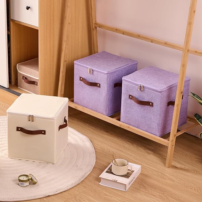 4PCS Storage Cubes with Lid Fabric Storage Bins Boxes PU Leather Handles Cotton Linen Closet Organizer Container Decorative Foldable Washable Shelf Cloth Basket (Zipper Lid, Purple, 11in)
