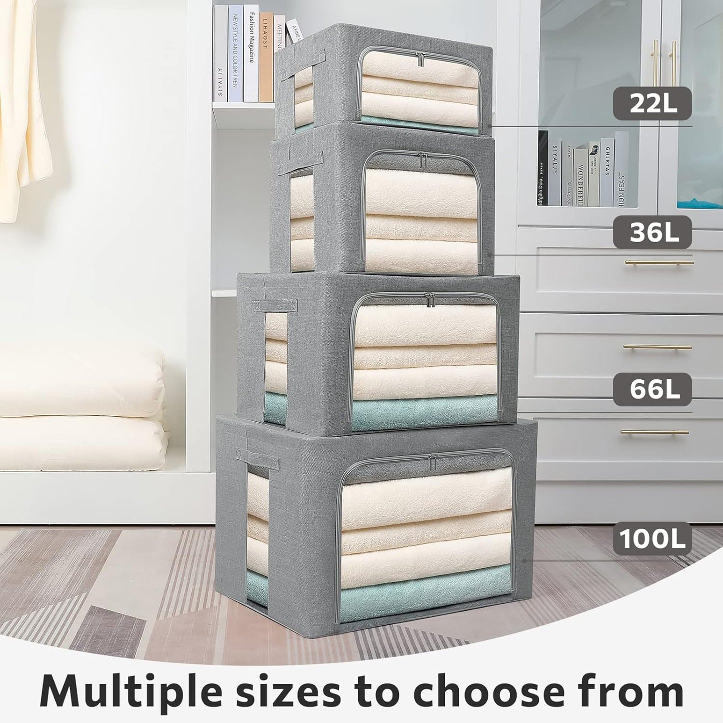 2 Pack Clear Window Storage Bins — Stackable Linen Fabric Storage for Clothes, Foldable Box Organizer with Carrying Handles, 36L (Gray, 15.7×11.8×11.7")
