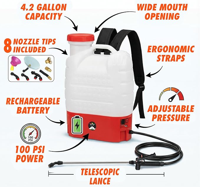 Battery Powered Backpack Sprayer - 4.2 Gallon, 8 Nozzles, 100PSI Cutoff, Long Battery Life, Wide Mouth, High-Pressure Spray Hose, Trigger Lock, Pressure Knob Controller