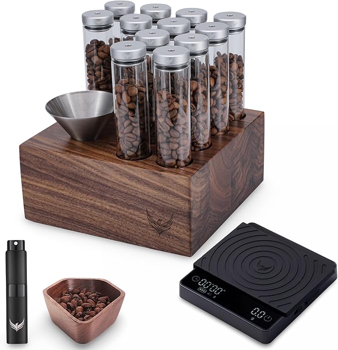 Coffee Station Set – 12 Single Dose Glass Tubes with Exhaust Valve, Walnut Dosing Cup & Spray Bottle, Digital Espresso Scale with Auto Tare & Flow