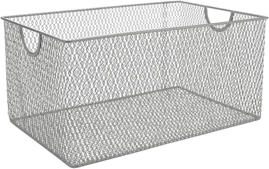 YBM Home Mesh Wire Storage Basket for Shelves, Pantry Organization, and Kitchen - Multipurpose Steel Wire Basket Holder Bin for Organizing Office Supplies, Household Toiletries and Laundry Supplies