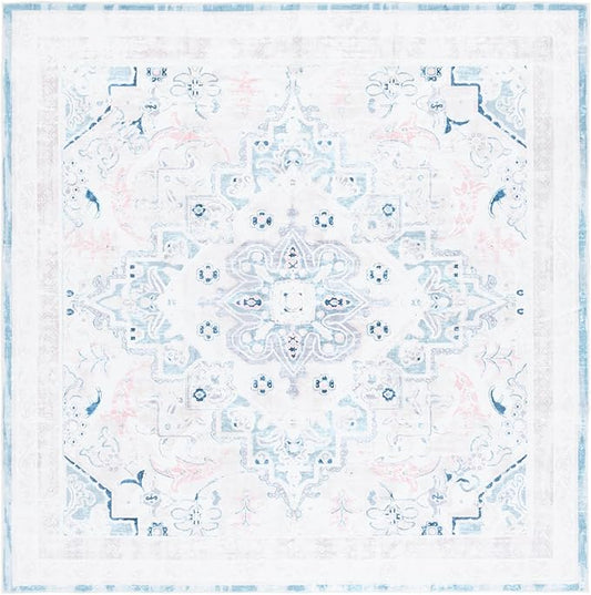 Safavieh Washable Rug Arizona Collection - 6' Square, Ivory & Aqua, Slip Resistant & Easy to Clean, Ideal for Living Room, Bedroom, Home Office, Dining Space (ARZ324A)