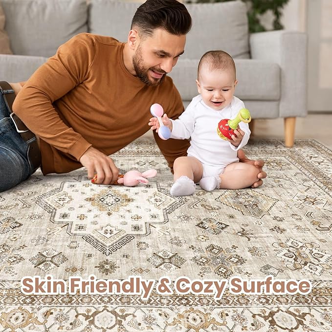 Vintage Living Room Area Rug 5x8 - Large Soft Washable Oriental Traditional Distressed Farmhouse Rugs for Bedroom - Indoor Floor Accent Carpet for Home Office House Decor - Beige