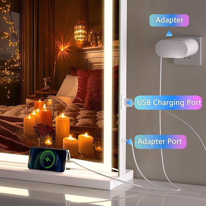 Hasipu Vanity Mirror with Lights, 50" x 34" LED Makeup Mirror, Lighted Makeup Mirror with Dimmable 3 Modes, Touch Screen Control Vanity Mirror Square White
