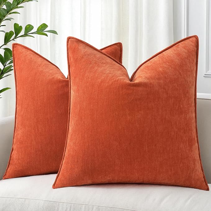 decorUhome Spring Couch Euro Sham Throw Pillow Covers 26x26 Set of 2, Decorative Soft Velvet Modern Cozy Chenille Pillow Cases with Elegant Design for Sofa Bed Living Room Home Decor, Rust