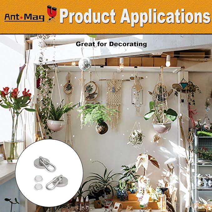 Ant Mag Magnet Hooks 160LBS with Suctions Heavy Duty Neodymium Magnet with Swivel Carabiner Snap Hook for Indoor/Outdoor Hanging Bag Kitchen Garage Cruise Ship (4 Pack)