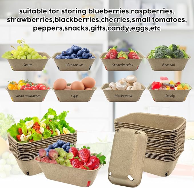 30 Pcs Natural Pulp Fiber Berry Basket, Molded Berry Basket Produce Vented Container for Strawberry Blueberry Raspberry and Vegetable Small Farmer Market Grocery Stores, Backyard Party 7.3x4.3x2.8inch