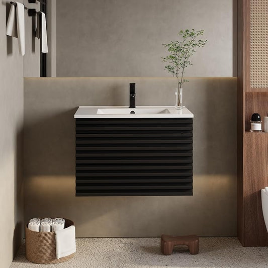 eclife 30" Floating Bathroom Vanity with Sink Combo Mid-Century Wall Mounted Cabinet with Wood Stripes Decor, Drawers, Undermount Sink, Faucet, Drain, Black