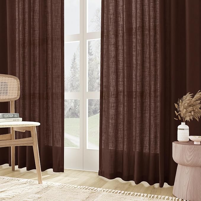 Joywell Rustic Brown Back Tab Rod Pocket Linen Curtains 96 Inches Long 2 Panels for Living Room Bedroom Neutral Boho Farmhouse Rustic Light Filtering Semi Sheer Curtains Window Treatment 52x96