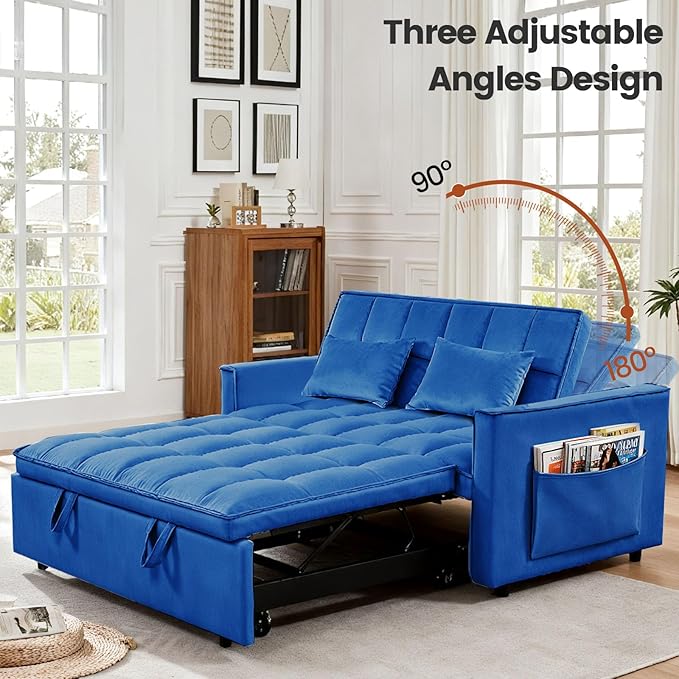 Convertible Sofa Bed, Love Seat Sleeper Bed with Side Pockets, 3 in 1 Velvet Fabric Pull Out Couch with Adjustable Backrest for Living Room, Bedroom, Apartment, Blue