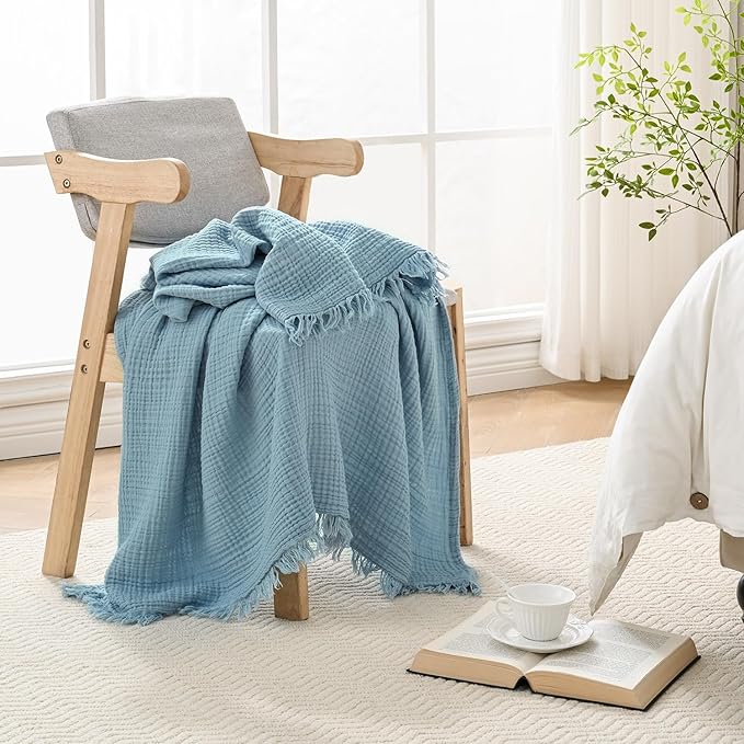 Muslin Blanket 100% Cotton Blanket Throw 50”x65”, Lightweight Breathable Summer Blanket Throw. Supersoft 4-Layer Gauze Throw Blanket for Sofa, Couch, Bed, All-Season Use, Sky Blue