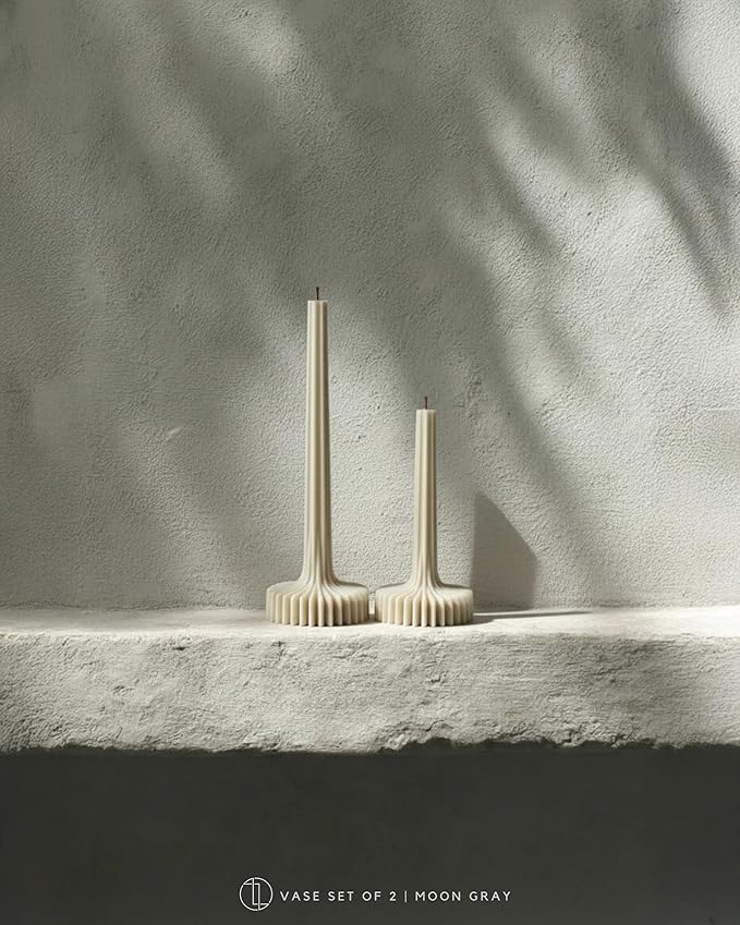 LAWA Set of 2 Vase Candle - Beautiful Handmade Pillar Unscented Soy Wax Elegant Aesthetic Candle Housewarming Gift Home Room Shelf Decor Idea Moon Gray
