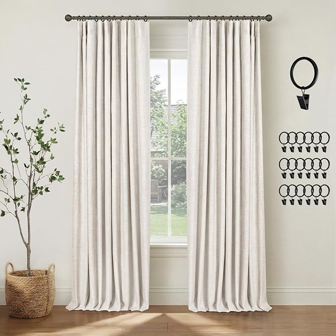 INOVADAY 100% Blackout Curtains for Bedroom, Black Out Curtains 84 Inch Long, Clip Rings Linen Blackout Drapes, Thermal Insulated Room Darkening for Living Room, 2 Panels - Beige,W50xL84