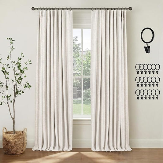 INOVADAY 100% Blackout Curtains for Bedroom, Black Out Curtains 84 Inch Long, Clip Rings Linen Blackout Drapes, Thermal Insulated Room Darkening for Living Room, 2 Panels - Beige,W50xL84
