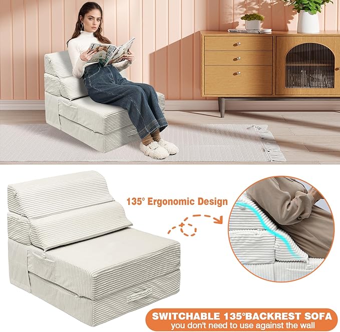 Comfy Foldable Sofa Bed - Convertible Sleeper Sofa Fold Out Sofa Bed Folding Chair Couch for Living Room Bedroom Guest, Floor Chairs Lounger Mattress Folding Sofa Bed with Back Support, Beige
