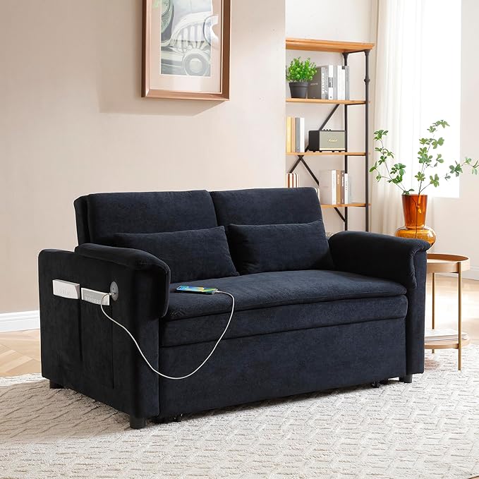 Sofa Bed, Pull Out Couch with Side Pockets, 3 in 1 Velvet Loveseat Sleeper Sofas Beds with USB Ports, Sofa Bed Couch with Adjustable Backrest for Living Room, Bedroom, Apartment, Black Blue