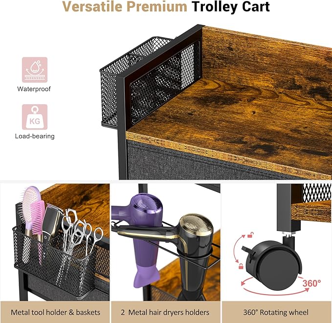 Salon Trolley Cart with Wheels, Mobile Hair Stylist Station with Metal Tool Holder & Basket, Rolling Barber Table with Fabric Drawer, Storage for Salon, Barbershop, Spa & Tattoo, Black