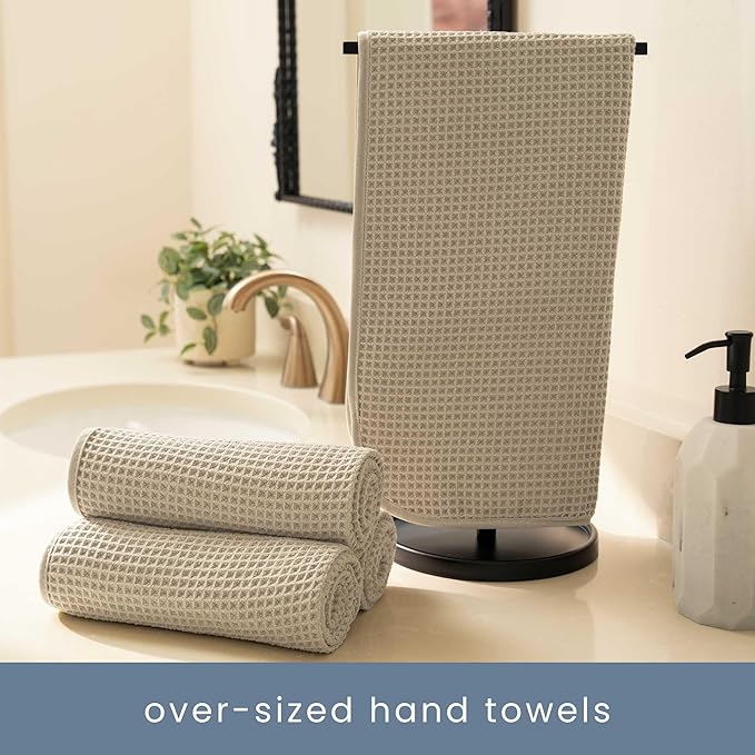 S&T INC. Aura Towel Set, 6 Piece Set, Premium Waffle Weave, Bath Towels, Wash Cloths and Hand Towels for Bathroom, Kitchen, and Home, Absorbent and Fast Drying Microfiber, 420gsm, 6 Pack, Beige