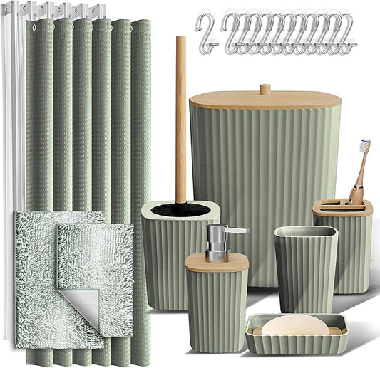 Clara Clark Bathroom Accessories Set - Bathroom Set, Bathroom Sets with Shower Curtain and Rugs, Shower Curtain Set with Trah Can - Ombre Sage Green - 22PC
