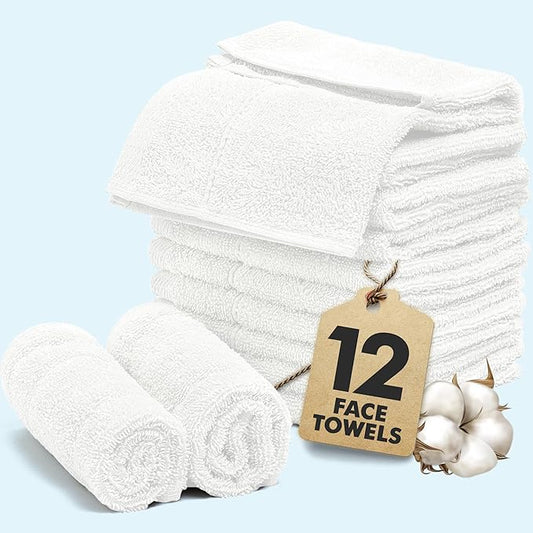 Face Towels Pack of 12 – 100% Cotton Wash Cloths (12x12 inch) – Soft, Quick Dry & Highly Absorbent Hand Towels for Bathroom, Spa, Gym, Kitchen and for Daily Use - (White)