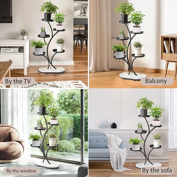 Black 5 Tier Wood Metal Tall Shelf Multiple Plant Holders Plant Stand for Indoor, Outdoor, Corner, Living Room, Balcony, and Bedroom