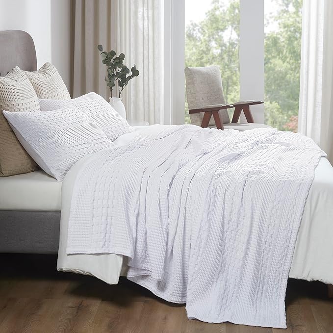 VHC Brands 100% Cotton Waffle Weave Queen Blanket 90"x90", Decorative Lightweight Spring and Summer Throw Blanket, Bedroom Decor for Bed, Couch, or Sofa, White