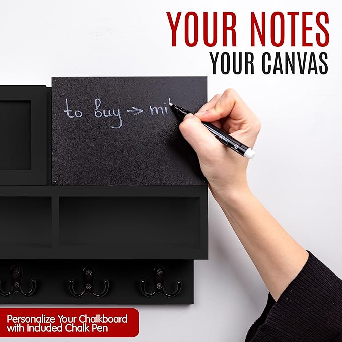 Spacelog Key and Mail Holder for Wall with Chalkboard – Magnetic Photo Frame Key Holder Wall Mount, Black, Dual Storage & Cupboards Mail and Key Organizer for Wall