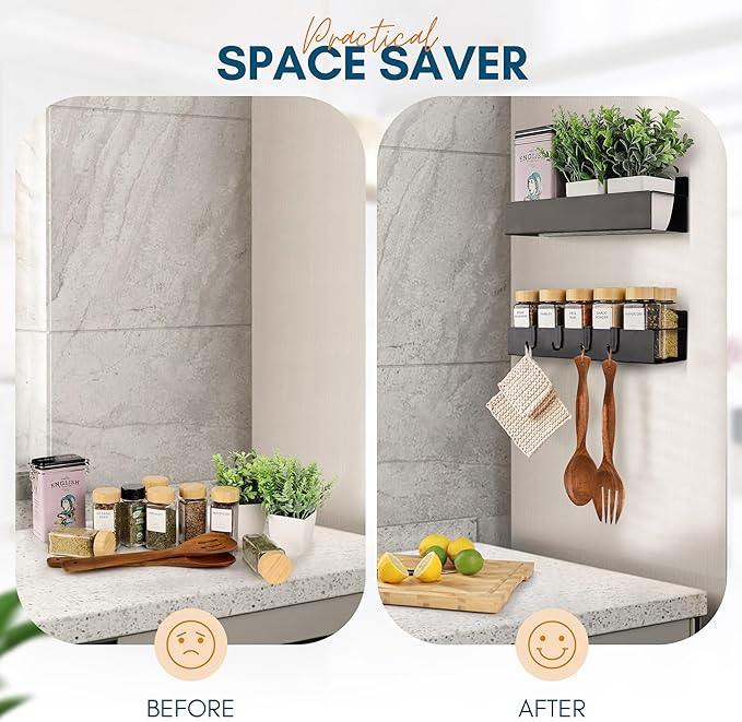 Magnetic Spice Rack for Refrigerator - Strong Magnetized Shelf for Fridge Storage - 2 Pack with 4 Moveable Hooks - Versatile Kitchen Organizer - Space-Saving Fridge Magnet Shelves